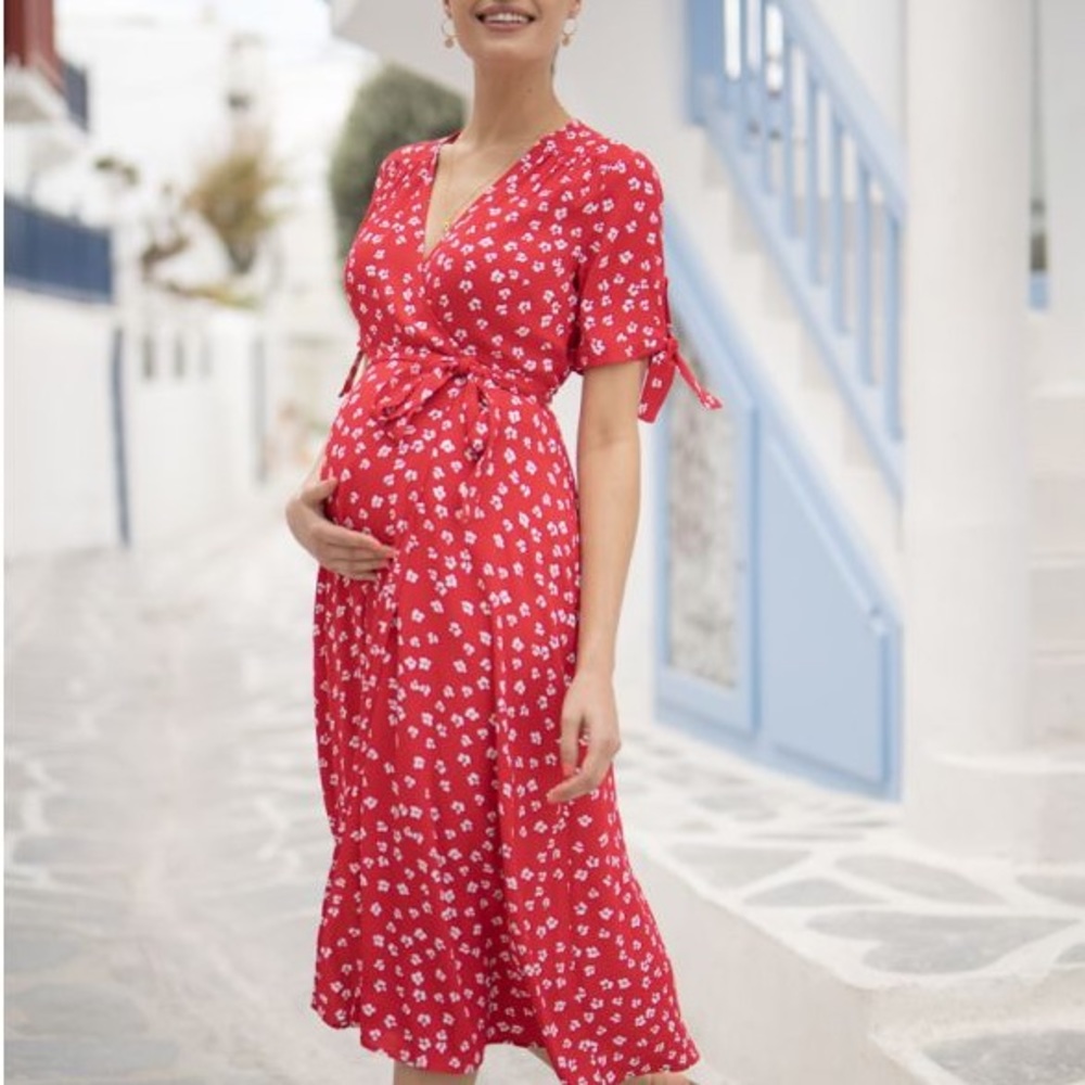 Seraphine Red Floral Midi Wrap Maternity Dress